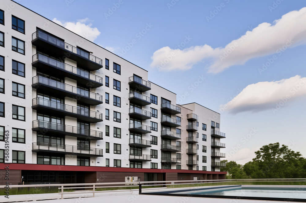 Obraz premium Modern apartment building with pool exterior