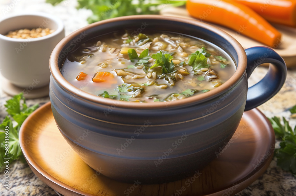 Roasted vegetable and lentil soup in a bowl Roasted vegetable and lentil soup in a bowl