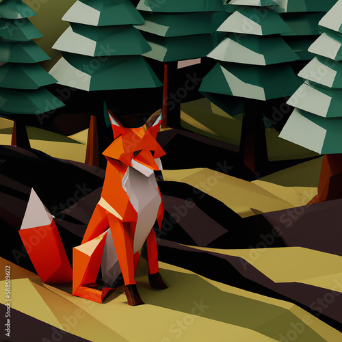 Obraz na płótnie Generative AI of low poly illustration with orange Fox w salonie