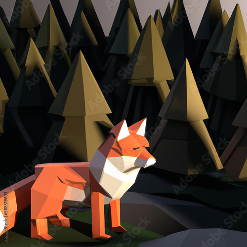 Obraz na płótnie Generative AI of low poly illustration with orange Fox w salonie