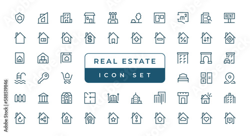 Real Estate thin line icons. Real estate symbols set. House, Home, Realtor, Agent, Plan editable stroke icon. Real estate icons collection. House line icons