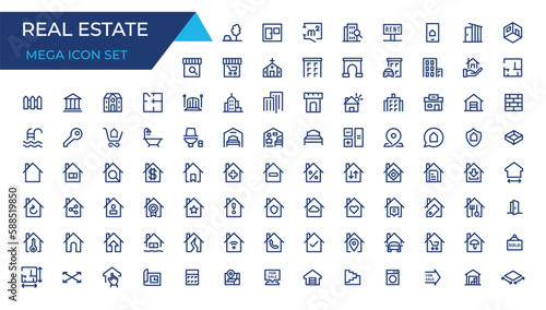 Real Estate thin line icons. Real estate symbols set. House, Home, Realtor, Agent, Plan editable stroke icon. Real estate icons collection. House line icons