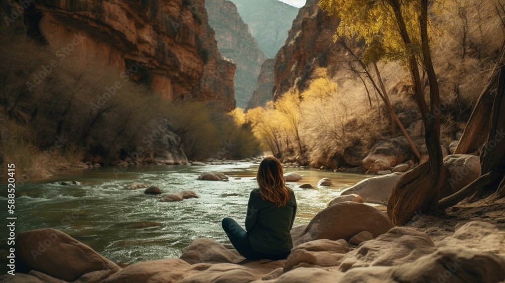 Fototapeta premium A person sitting on a rock by a river in a canyon surrounded by nature. Generative AI