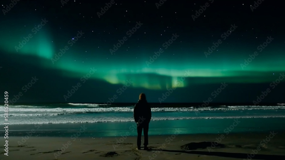 A person standing on a beach watching the northern lights in the sky. Generative AI