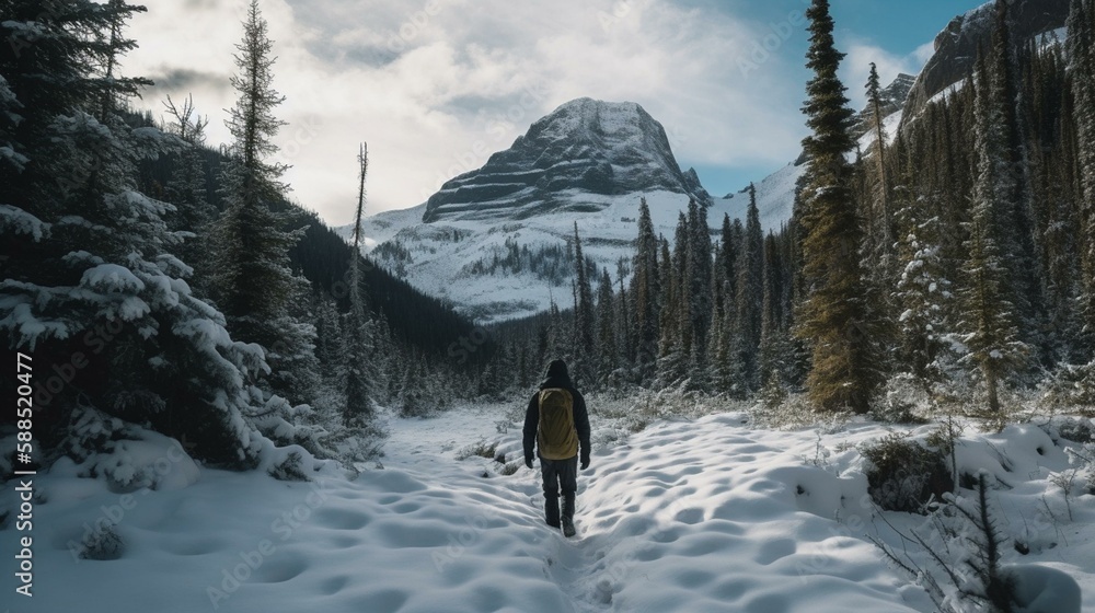 A person hiking through a snow-covered forest with a mountain range in the background. Generative AI
