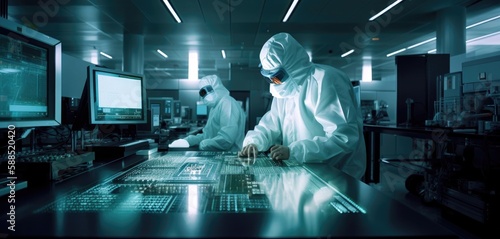 Semiconductor manufacturing in Taiwan, scientists working on processors and cpu chips, technology computer, generative ai
