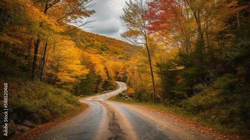 A scenic drive through a winding road surrounded by colorful autumn trees. Generative AI