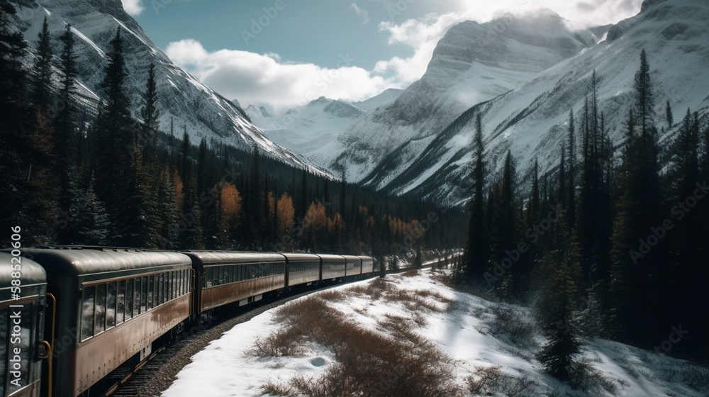Obraz premium A scenic train journey through a mountain range with snow-capped peaks. Generative AI