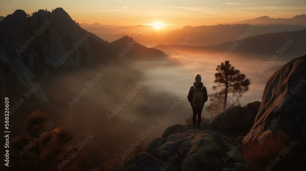 A person standing on a cliff watching a sunrise over a misty mountain range. Generative AI A person standing on a cliff watching a sunrise over a misty mountain range. Generative AI