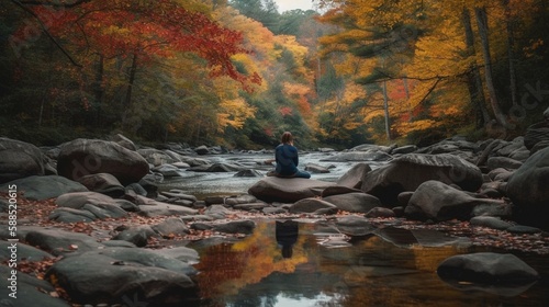 A person sitting on a rock by a river in a forest with fall colors. Generative AI