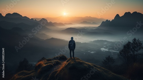 A person standing on a cliff watching a sunrise over a misty mountain range. Generative AI © Наталья Евтехова