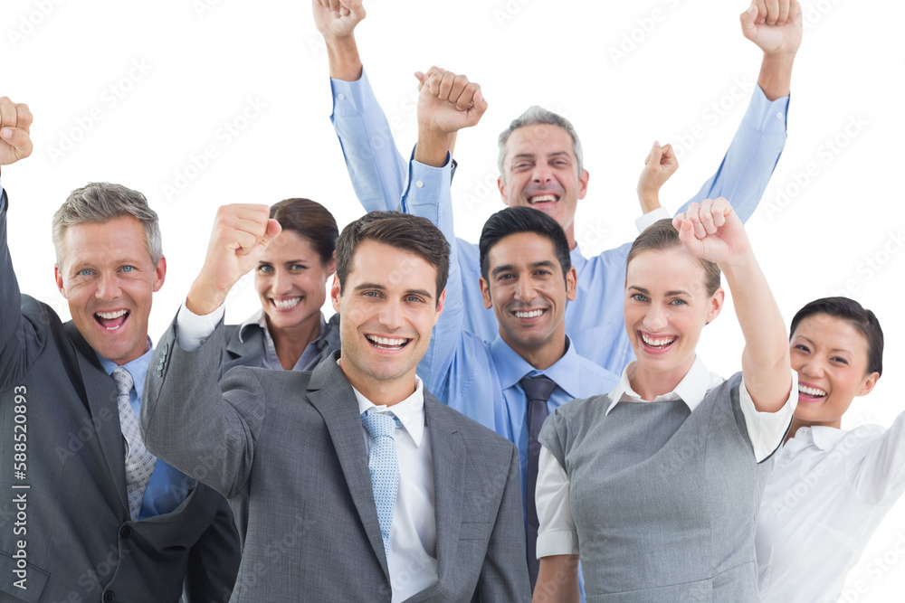 Business people cheering in office Business people cheering in office