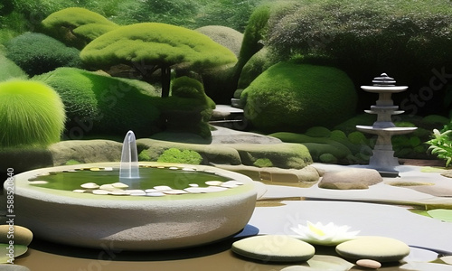 Spa stones and waterlily withfountain in zen garden, generative ai photo