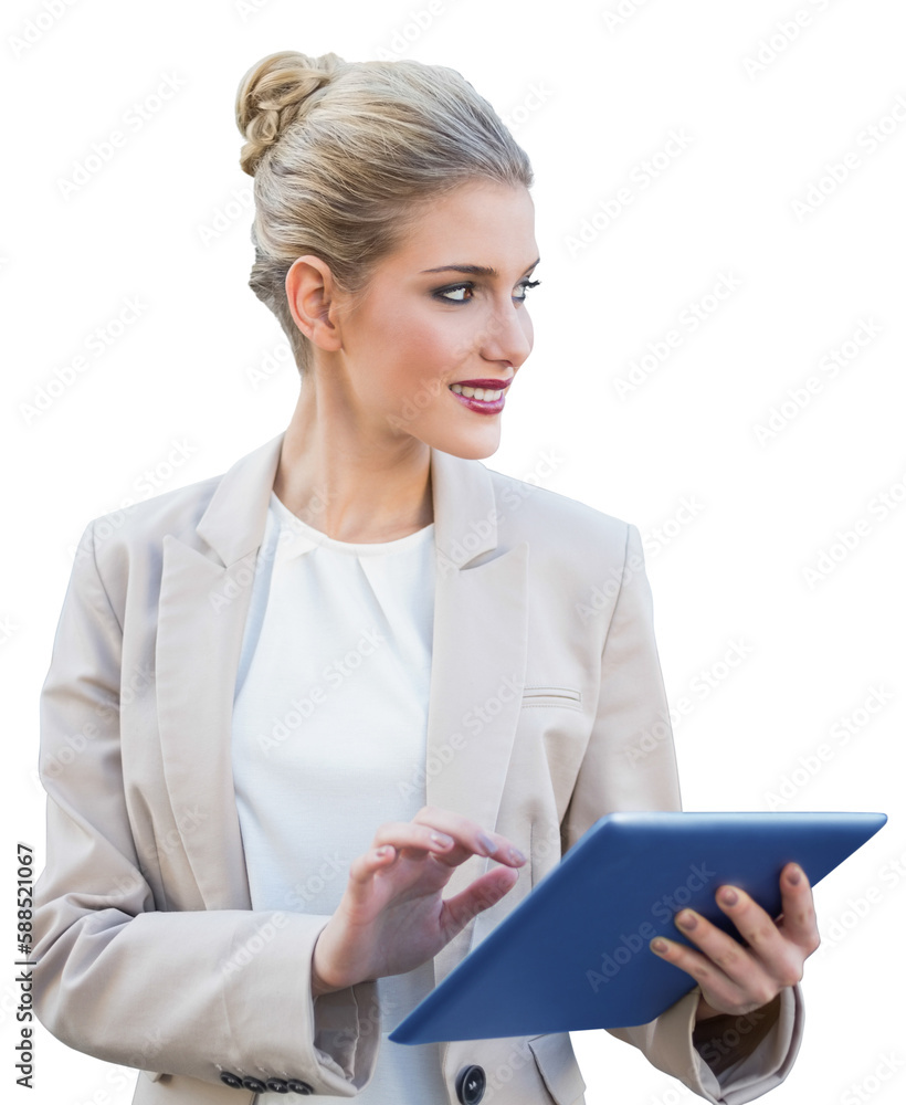 Cheerful stylish businesswoman using digital tablet Cheerful stylish businesswoman using digital tablet