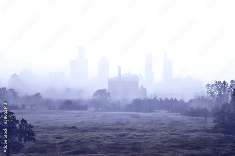 Abandoned town in foggy field landscape