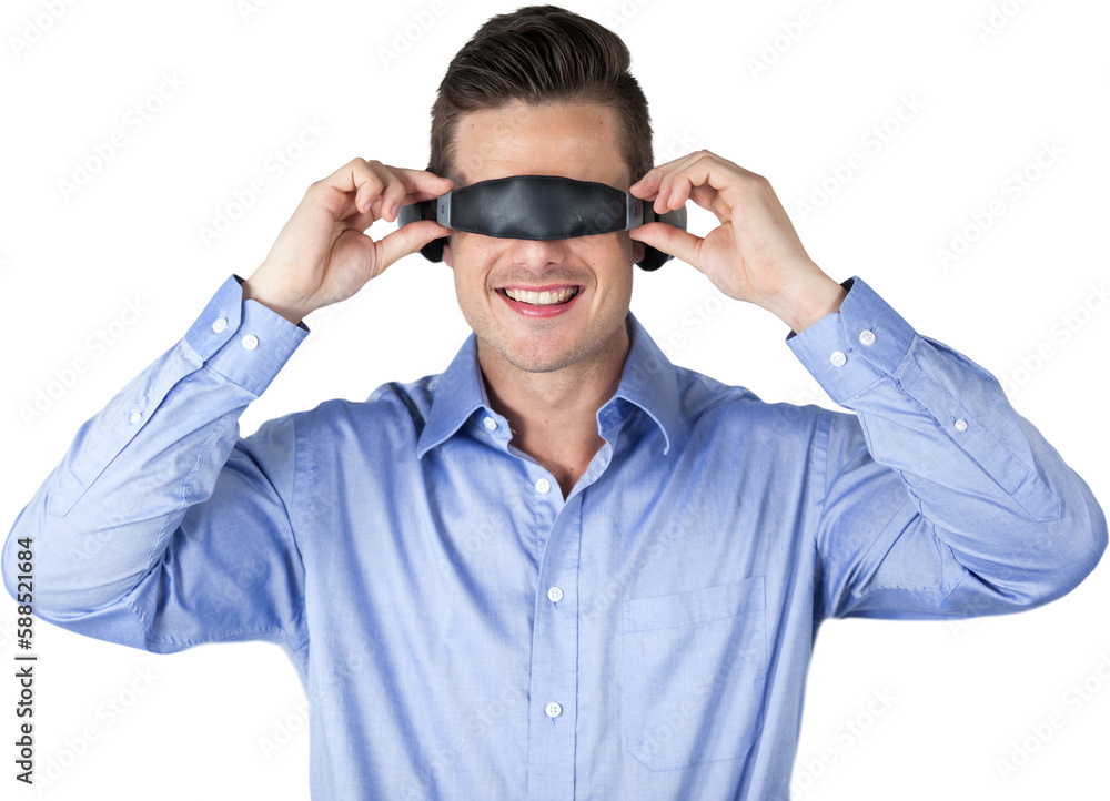 Smiling man wearing virtual reality simulator Smiling man wearing virtual reality simulator