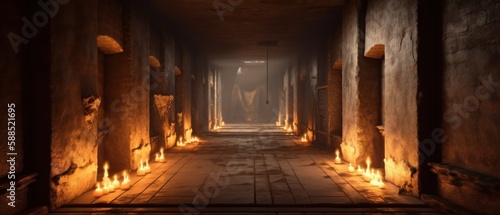 Long narrow corridor illuminated by torches on both sides  creating a dimly lit and mysterious atmosphere. Generative AI