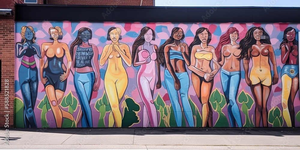 inspiring mural or public art piece that showcases variety of body types promoting inclusivity body positivity, concept of Self-expression through public art, created with Generative AI technology