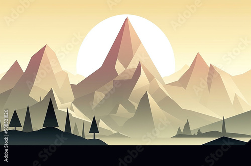 Mountain range sunrise with trees and geometric shapes