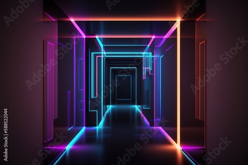 Futuristic empty room  neon glow