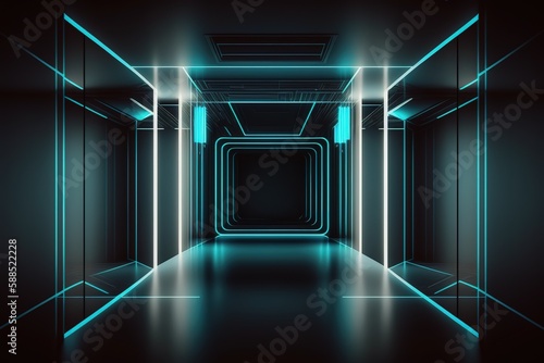 Futuristic empty room, neon glow