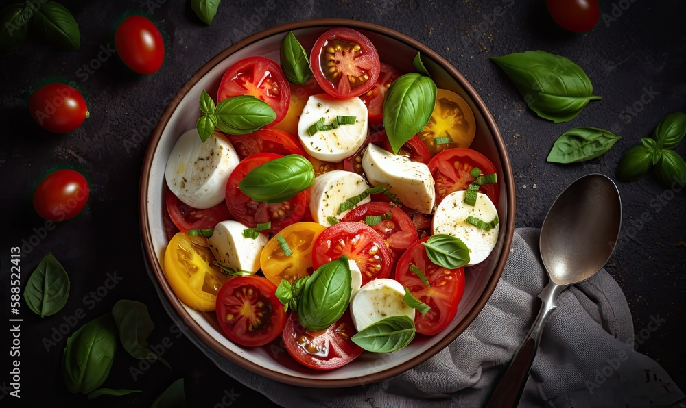 Caprese salad, Italian famous salad with fresh tomatoes, mozzarella cheese and basil, generative AI Caprese salad, Italian famous salad with fresh tomatoes, mozzarella cheese and basil, generative AI