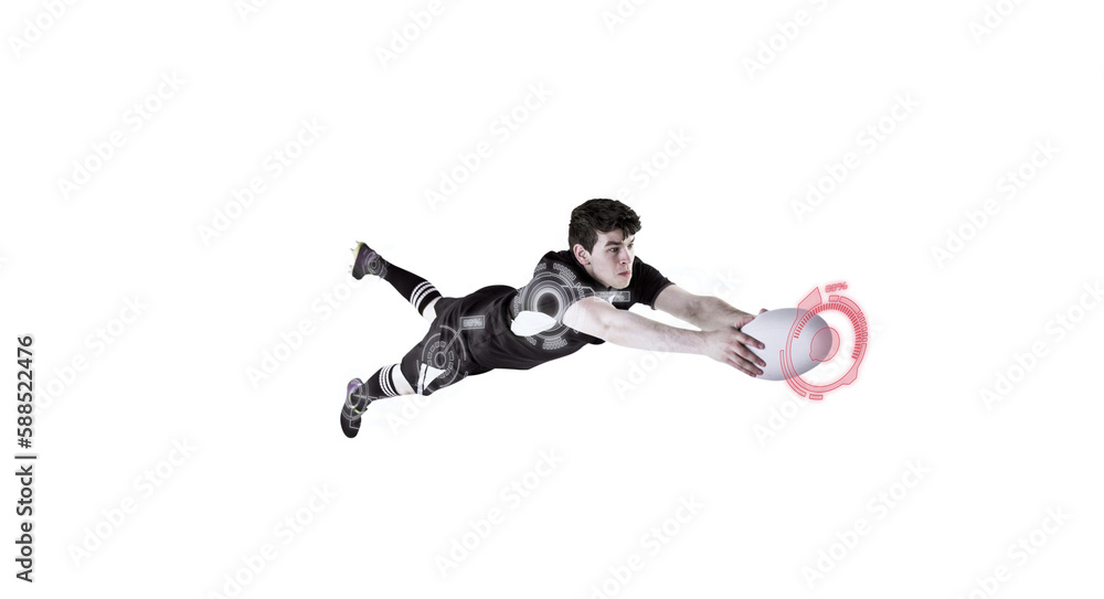 Composite image of rugby player in mid air about to score