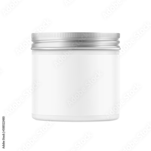Realistic white jar mockup. Vector illustration isolated on white background. Front view. Can be use for your design, advertising, promo and etc. EPS10. 