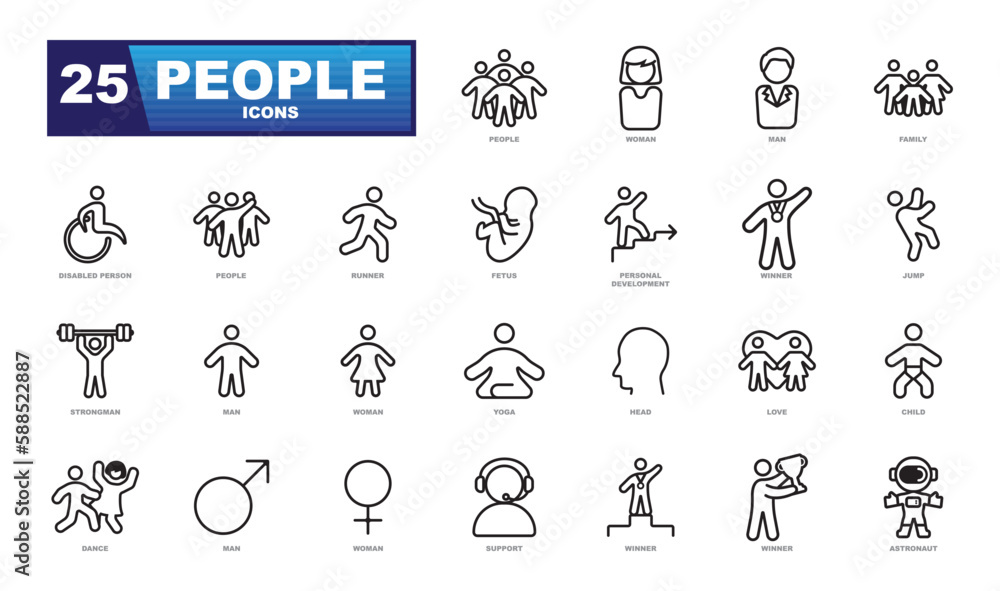 People vector icons collection. Set includes male, female, child, team icons and much more.