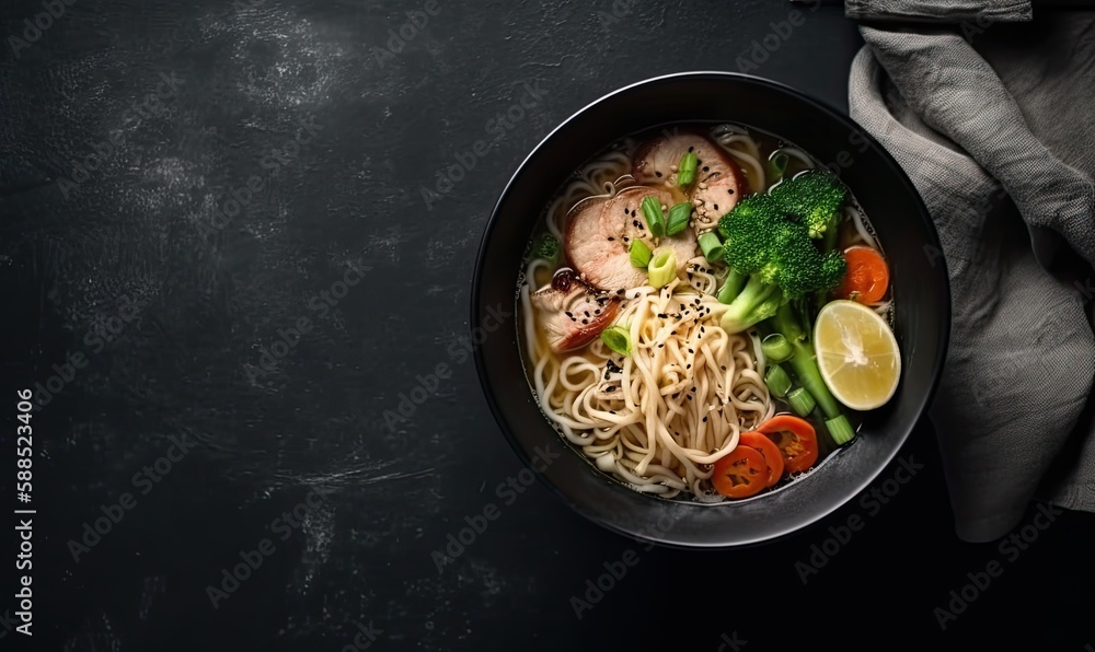 Ramen is asian noodles in a bowl with meat and vegetables, generative AI