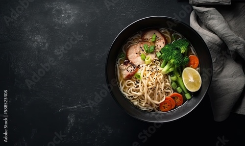 Ramen is asian noodles in a bowl with meat and vegetables, generative AI