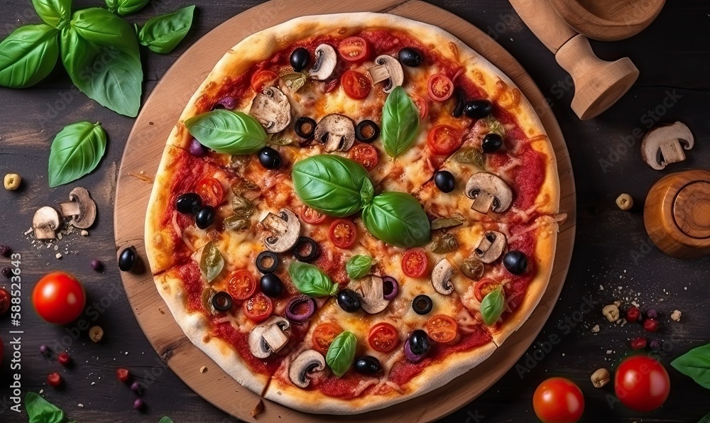 Top view Italian Pizza on white wooden table with mushrooms, basil, tomato, olives and cheese, generative AI