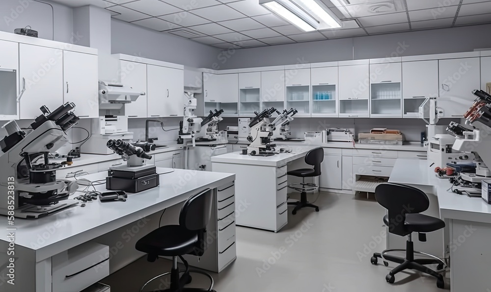 laboratory with microscopes and equipment for studying viruses and microorganisms, generative AI laboratory with microscopes and equipment for studying viruses and microorganisms, generative AI