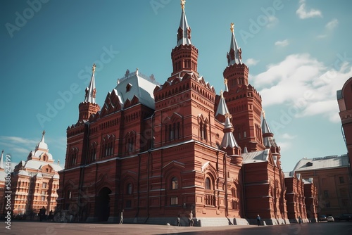 A large brick building with towers with state historical museum in the background Generative AI