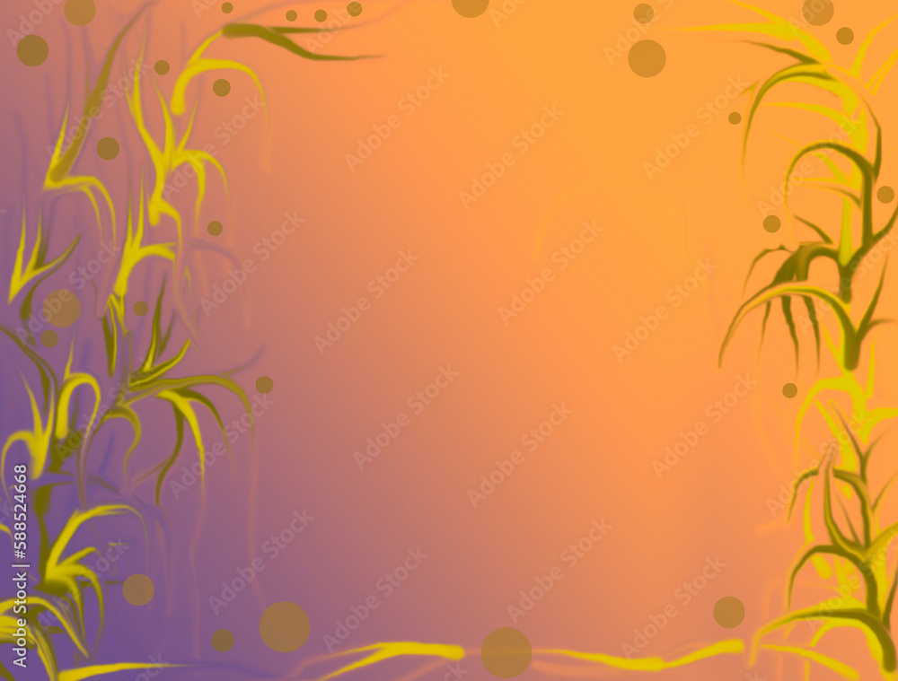 Gradient blue-orange background with a frame of green bamboo leaves. Plant background with green plants Gradient blue-orange background with a frame of green bamboo leaves. Plant background with green plants