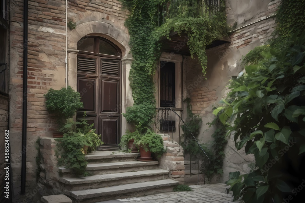 A stone building with plants growing on the walls Generative AI A stone building with plants growing on the walls Generative AI