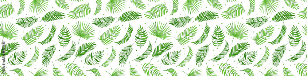 Palm leaf seamless pattern, green tree leaves coconut, summer background, tropical foliage, jungle texture, hawaiian print. Floral repeat illustration
