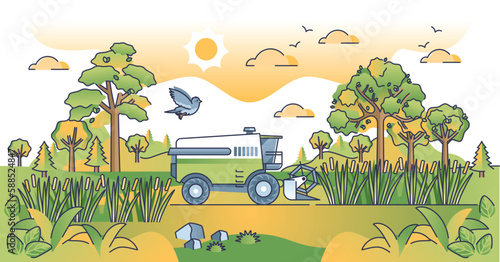 Sustainable agriculture and environmental food crops farming outline concept. Nature resources responsible harvesting without pesticides vector illustration. Biological growth and soil management.