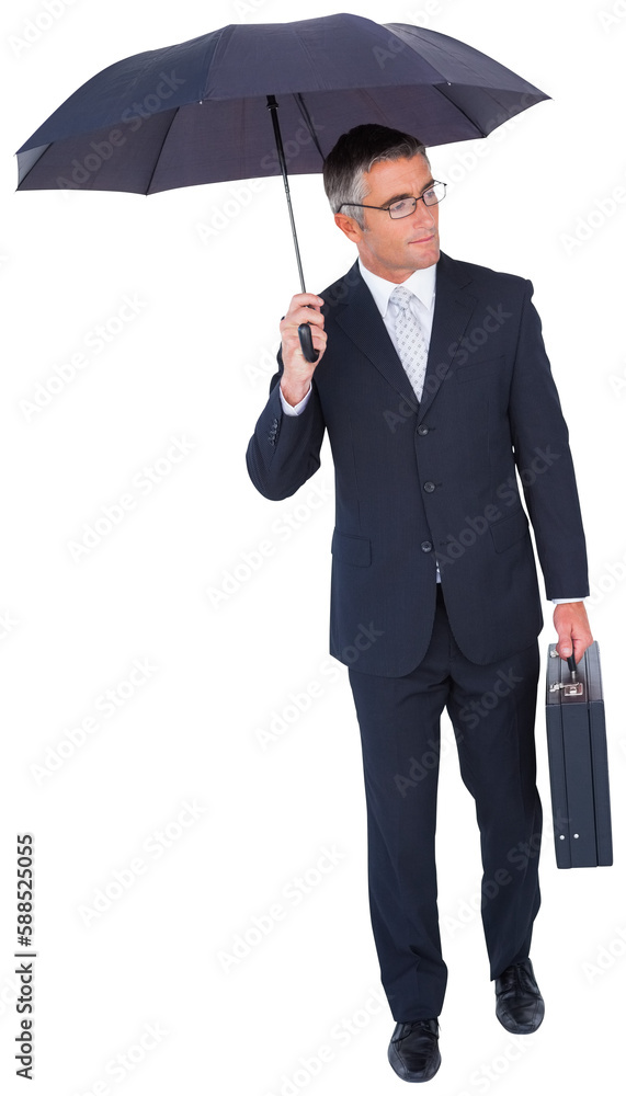 Businessman with umbrella walking on white background Businessman with umbrella walking on white background