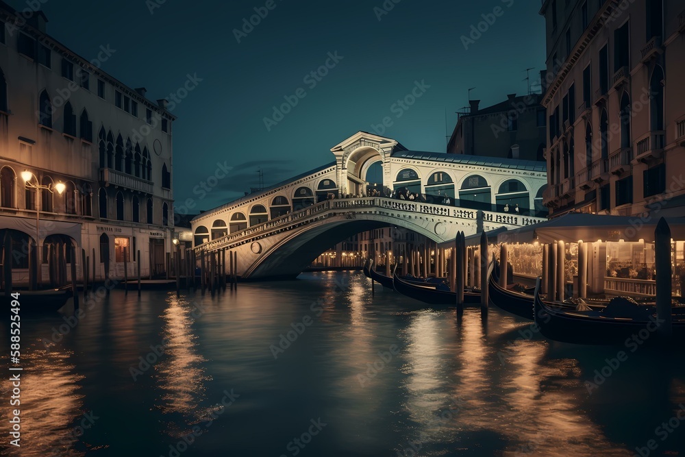 Rialto bridge over a river in a city at night Generative AI