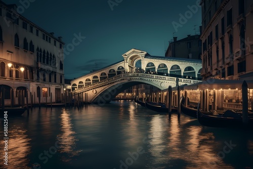Rialto bridge over a river in a city at night Generative AI © Etverk Illustration