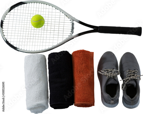 Tennis equipments arranged in a row