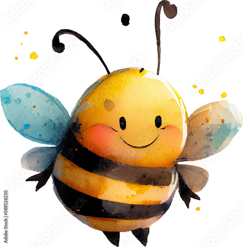 Cute Honey bee smiled, watercolor style, flying bee. insects. isolated on white background. Generative AI	