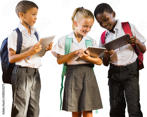 Students in uniforms using digital tablets