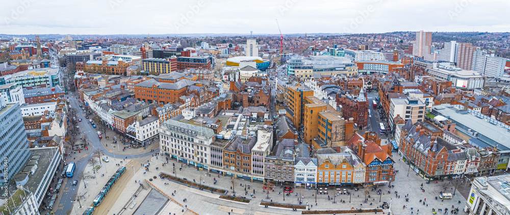 aerial panorama of Nottingham city center, Old Market Square. a typical cloudy day in Nottingham. High quality photo