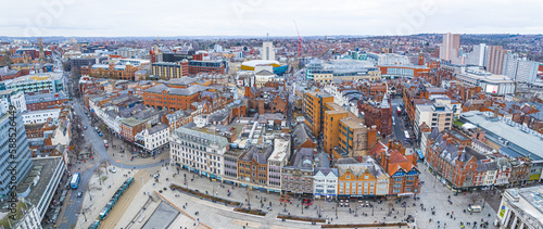 aerial panorama of Nottingham city center, Old Market Square. a typical cloudy day in Nottingham. High quality photo