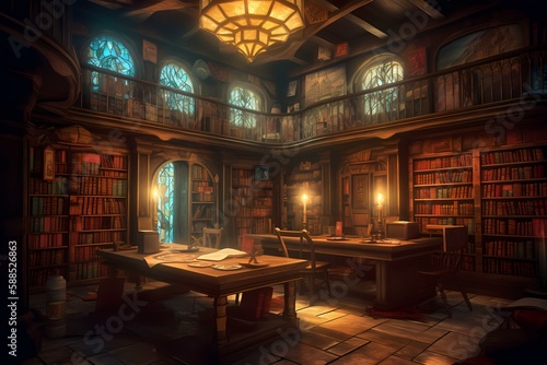 A library with many books on shelves Generative AI