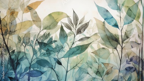 A soft background of leaves in digitally illustrated watercolor and ink style. Generative AI. 