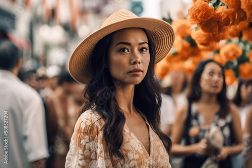 Summer Sojourn on Rodeo Drive: An Asian American Beauty in Apricot Floral Dress and White Lace Hat Amidst Tourist Crowd in LA