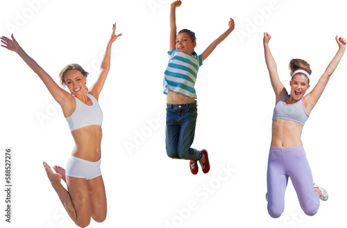 Females jumping over white background